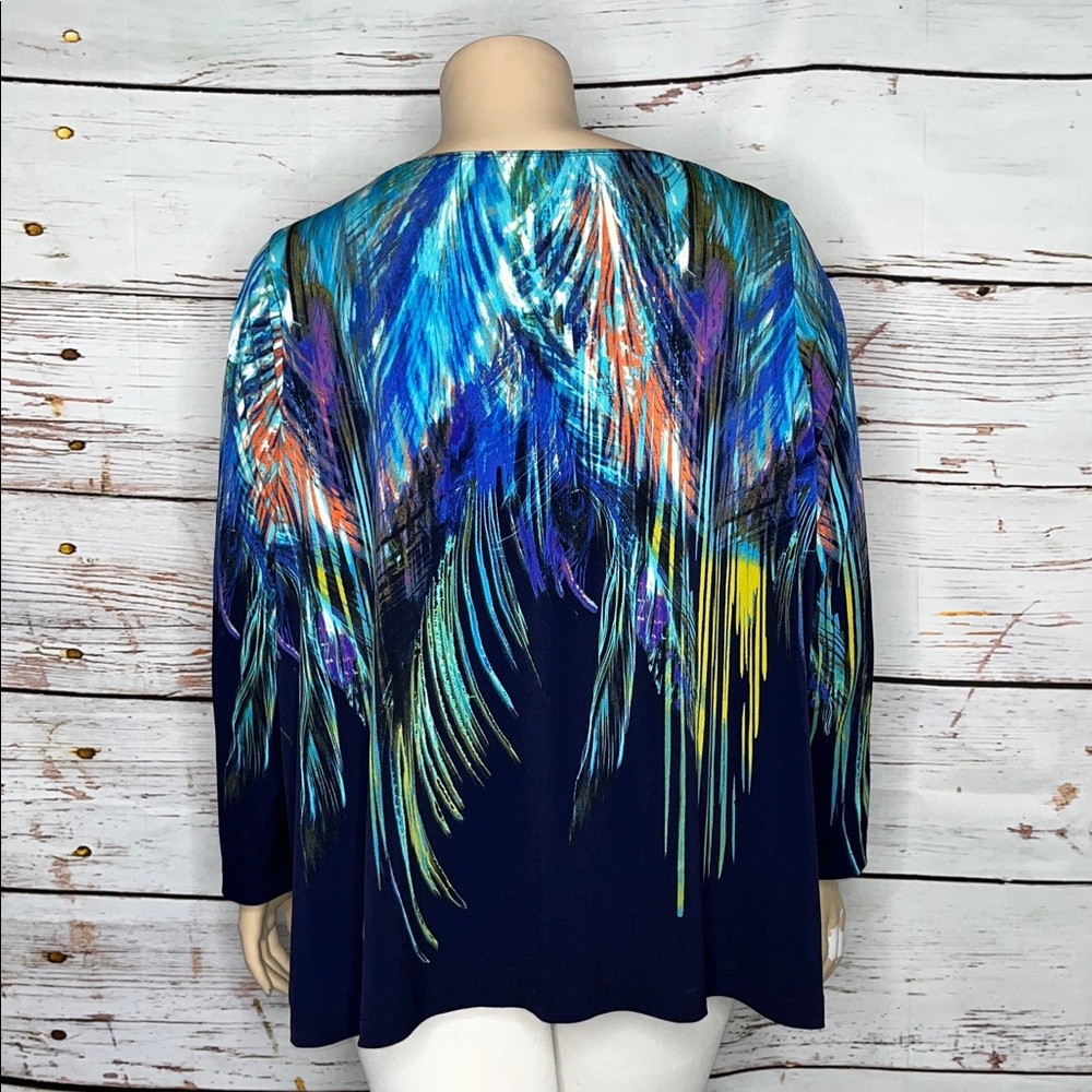 Susan Graver Size 3X Navy Blue - Feather Print Long Sleeve Blouse Top - Picture 3 of 4